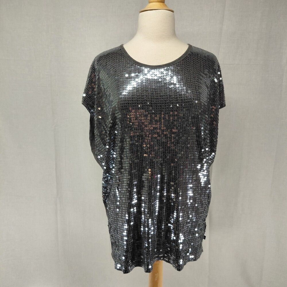 NWOT Michael Kors Sequin SS Scoop Neck Top Gray Sz XL